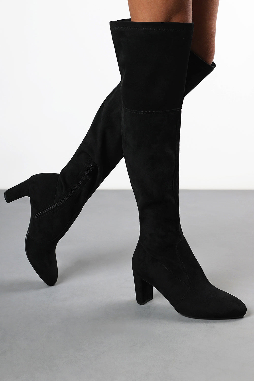 Winnie Black Suede Block Heel Over The Knee Boots