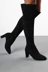 Winnie Black Suede Block Heel Over The Knee Boots