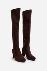 Winnie Dark Brown Suede Block Heel Over The Knee Boots