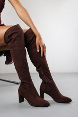 Winnie Dark Brown Suede Block Heel Over The Knee Boots