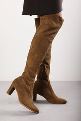 Winnie Khaki Suede Block Heel Over The Knee Boots