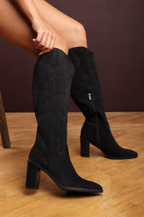 Regina Black Suede Knee High Block Heeled Boot