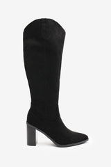 Regina Black Suede Knee High Block Heeled Boot