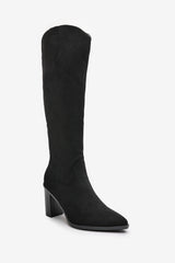 Regina Black Suede Knee High Block Heeled Boot