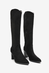 Regina Black Suede Knee High Block Heeled Boot
