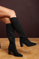 Regina Black Suede Knee High Block Heeled Boot