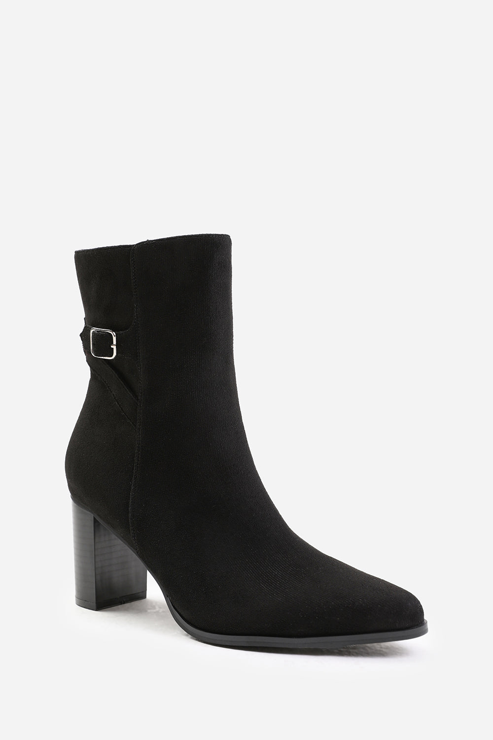 WINTER BLOCK HEEL BOOT WITH BUCKLE DETAIL IN BLACK SUEDE