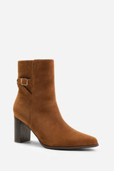 WINTER WIDE FIT BLOCK HEEL BOOT WITH BUCKLE DETAIL IN COGNAC SUEDE