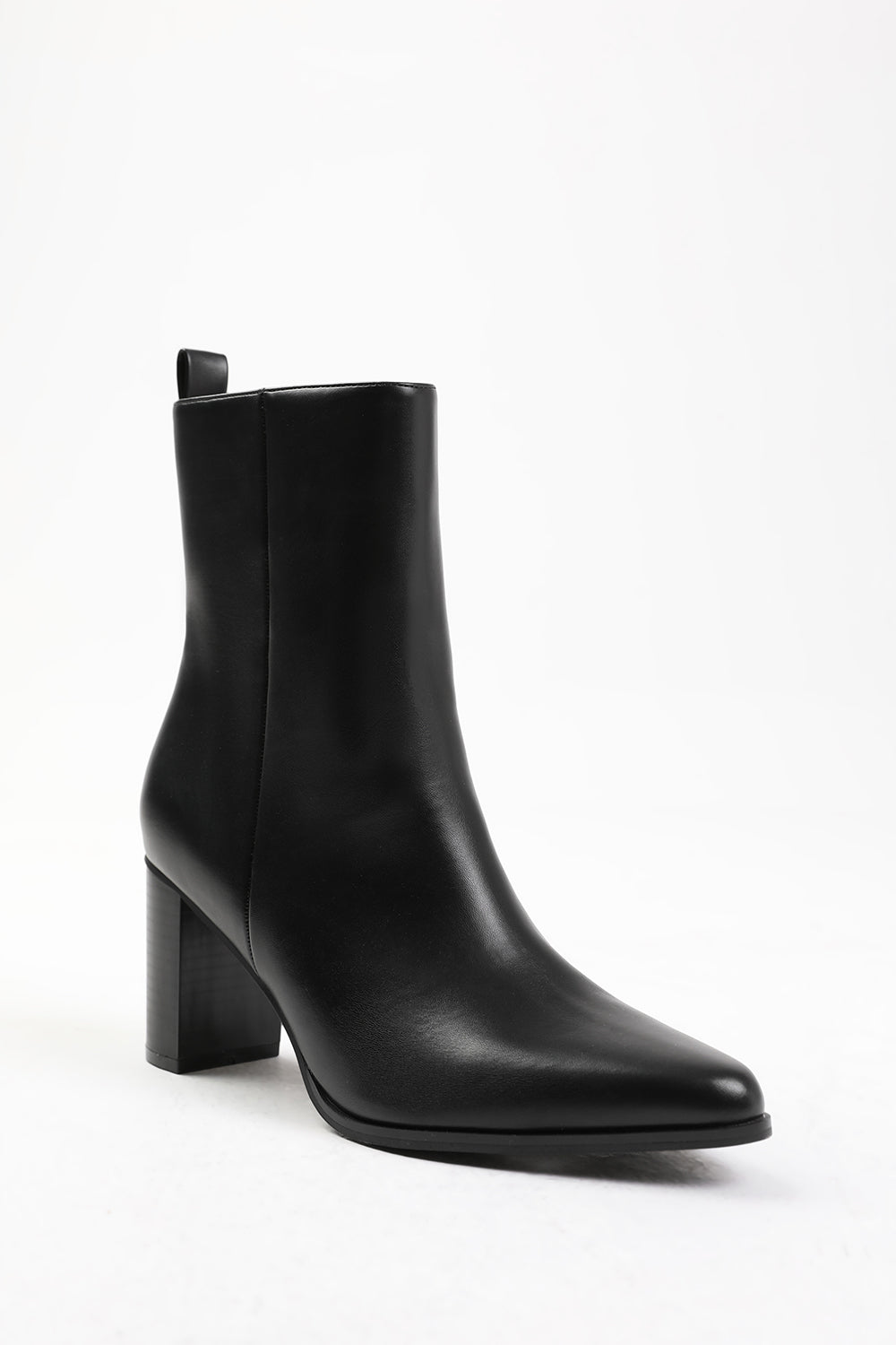 NORTH BLOCK HEEL ANKLE BOOT IN BLACK FAUX LEATHER