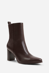 NORTH BLOCK HEEL ANKLE BOOT IN DARK BROWN FAUX LEATHER