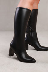 ELDER WIDE CALF BLOCK HEEL KNEE HIGH BOOTS WITH SIDE ZIP IN WIDE E FIT IN BLACK FAUX LEATHER