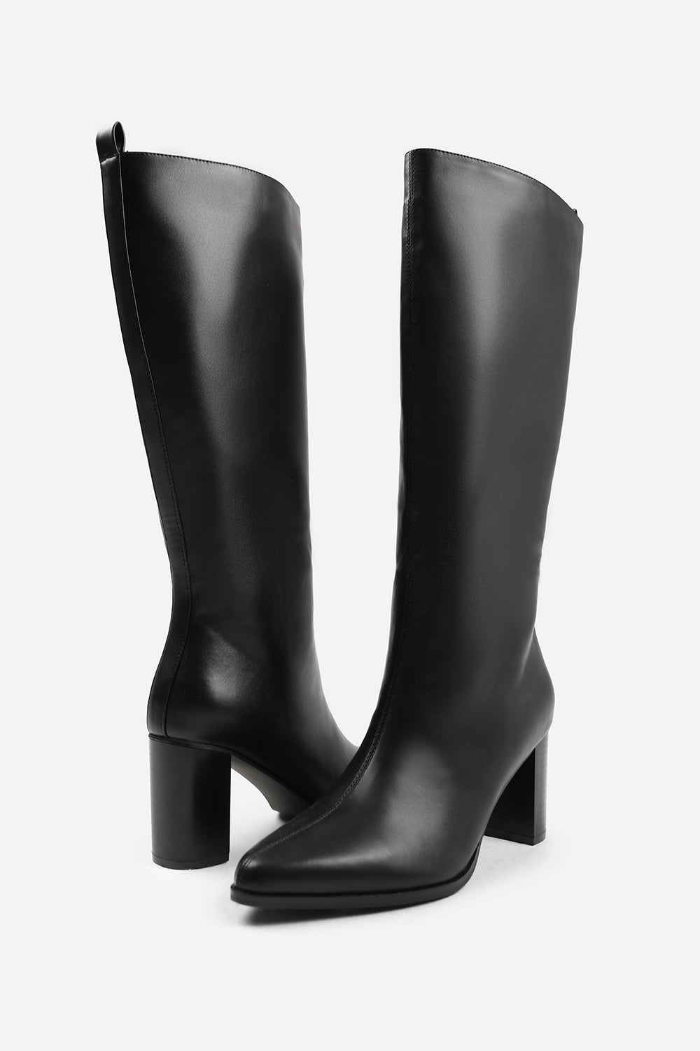 ELDER WIDE CALF BLOCK HEEL KNEE HIGH BOOTS WITH SIDE ZIP IN WIDE E FIT IN BLACK FAUX LEATHER