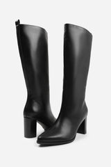 ELDER WIDE CALF BLOCK HEEL KNEE HIGH BOOTS WITH SIDE ZIP IN WIDE E FIT IN BLACK FAUX LEATHER