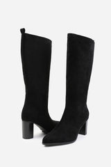 ELDER WIDE CALF BLOCK HEEL KNEE HIGH BOOTS WITH SIDE ZIP IN WIDE E FIT IN BLACK SUEDE