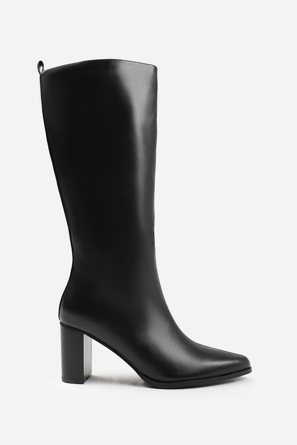 ELDER BLOCK HEEL KNEE HIGH BOOTS WITH SIDE ZIP IN BLACK FAUX LEATHER