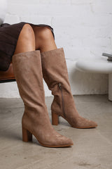 Elder Block Heel Knee High Boots with Side Zip In Camel Suede