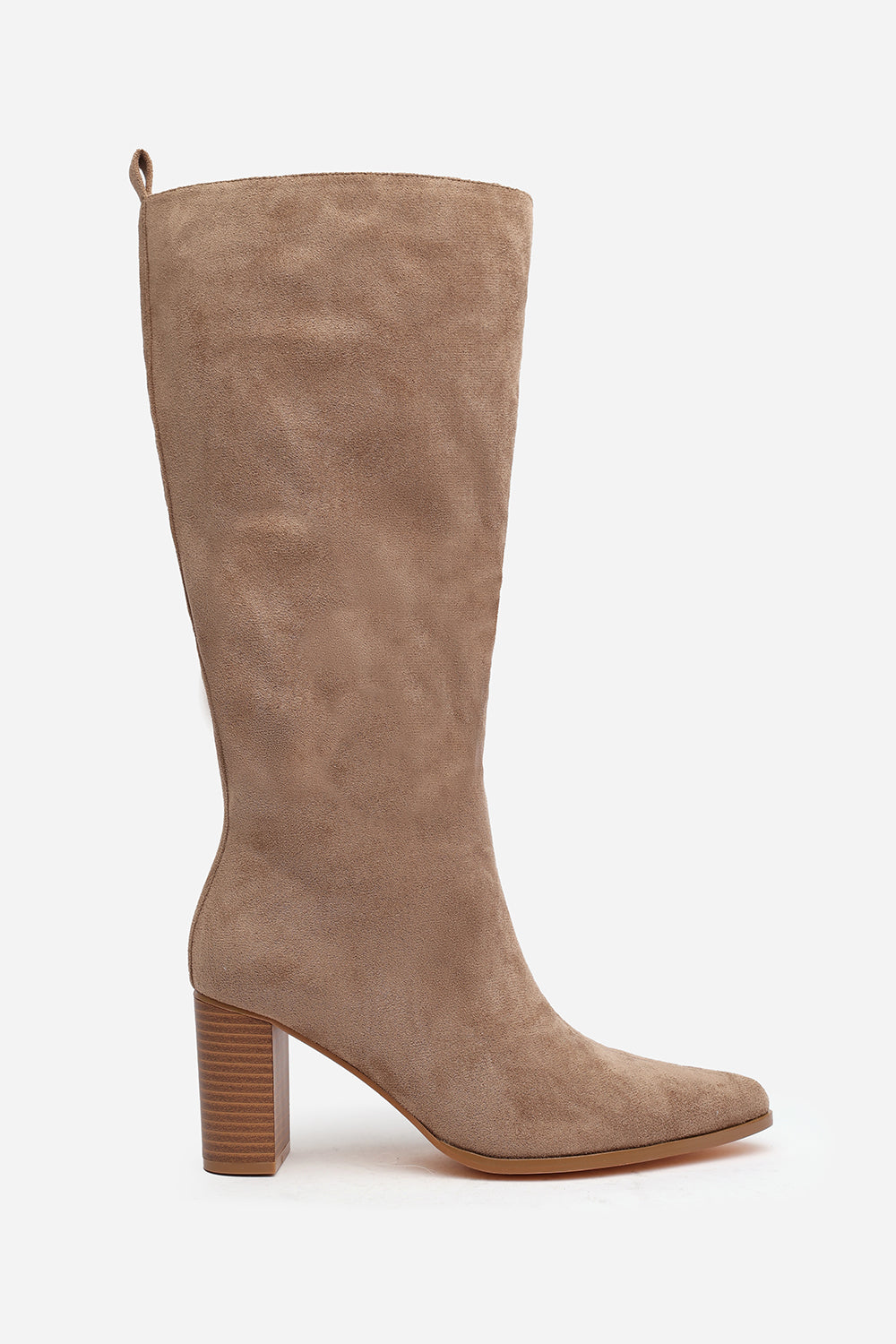Elder Block Heel Knee High Boots with Side Zip In Camel Suede