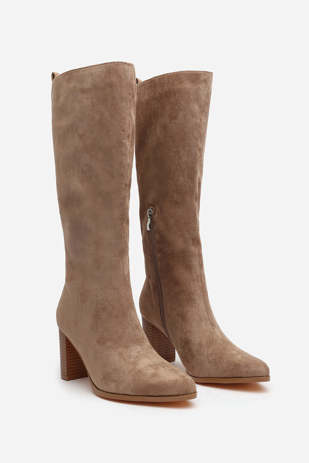 Elder Block Heel Knee High Boots with Side Zip In Camel Suede