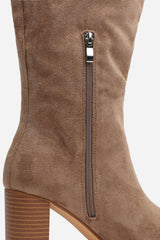 Elder Block Heel Knee High Boots with Side Zip In Camel Suede