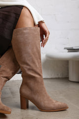 Elder Block Heel Knee High Boots with Side Zip In Camel Suede