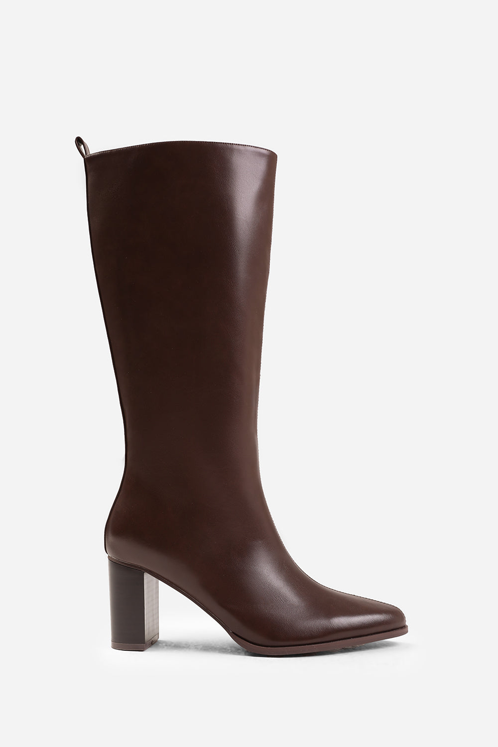 ELDER BLOCK HEEL KNEE HIGH BOOTS WITH SIDE ZIP IN DARK BROWN FAUX LEATHER