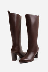 ELDER BLOCK HEEL KNEE HIGH BOOTS WITH SIDE ZIP IN DARK BROWN FAUX LEATHER