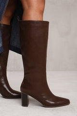 ELDER BLOCK HEEL KNEE HIGH BOOTS WITH SIDE ZIP IN DARK BROWN FAUX LEATHER