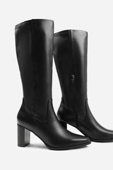 HAWTHORN STRETCH WIDE CALF BLOCK HEEL KNEE HIGH BOOTS WITH STITCH DETAIL IN WIDE E FIT IN BLACK FAUX LEATHER