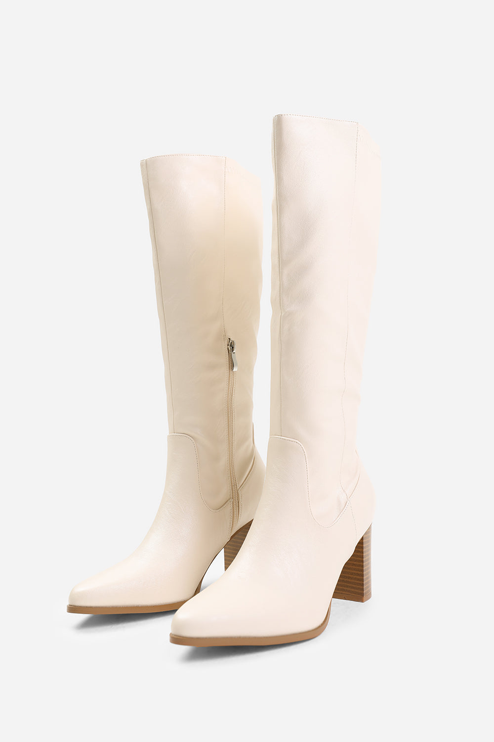 HAWTHORN STRETCH WIDE CALF BLOCK HEEL KNEE HIGH BOOTS WITH STITCH DETAIL IN WIDE E FIT IN CREAM FAUX LEATHER