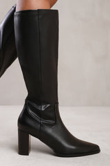 HAWTHORN BLOCK HEEL KNEE HIGH BOOTS WITH STITCH DETAIL IN BLACK FAUX LEATHER