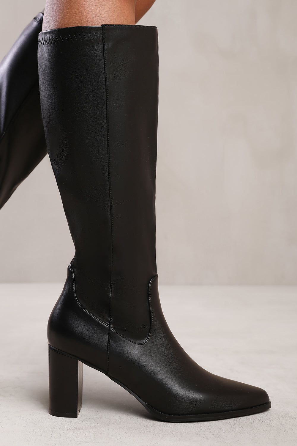 HAWTHORN BLOCK HEEL KNEE HIGH BOOTS WITH STITCH DETAIL IN BLACK FAUX LEATHER