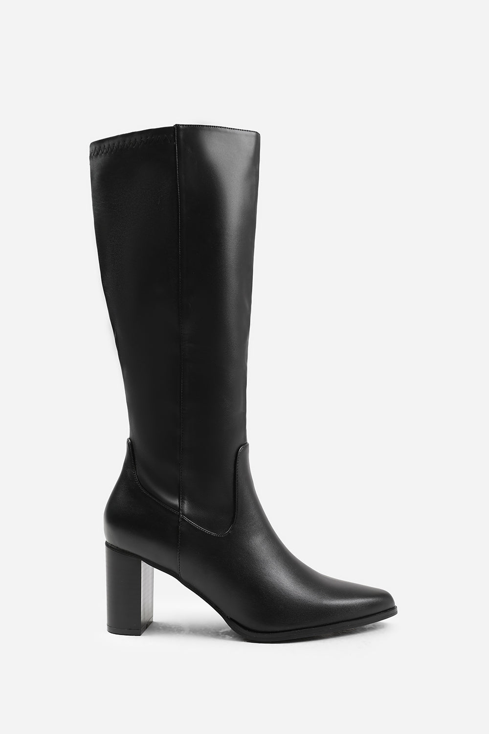 HAWTHORN BLOCK HEEL KNEE HIGH BOOTS WITH STITCH DETAIL IN BLACK FAUX LEATHER