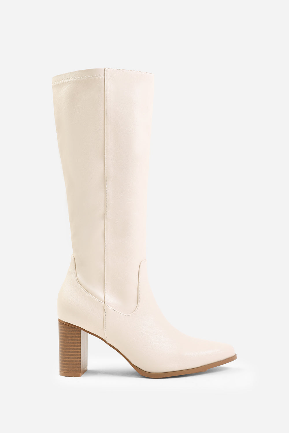 HAWTHORN BLOCK HEEL KNEE HIGH BOOTS WITH STITCH DETAIL IN CREAM FAUX LEATHER