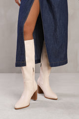 HAWTHORN BLOCK HEEL KNEE HIGH BOOTS WITH STITCH DETAIL IN CREAM FAUX LEATHER