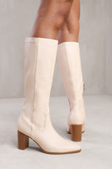 HAWTHORN BLOCK HEEL KNEE HIGH BOOTS WITH STITCH DETAIL IN CREAM FAUX LEATHER