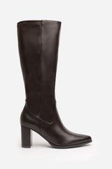 Hawthorn Stretch Wide Calf Block Heel Knee High Boots with Stitch Detail In Dark Brown Faux Leather