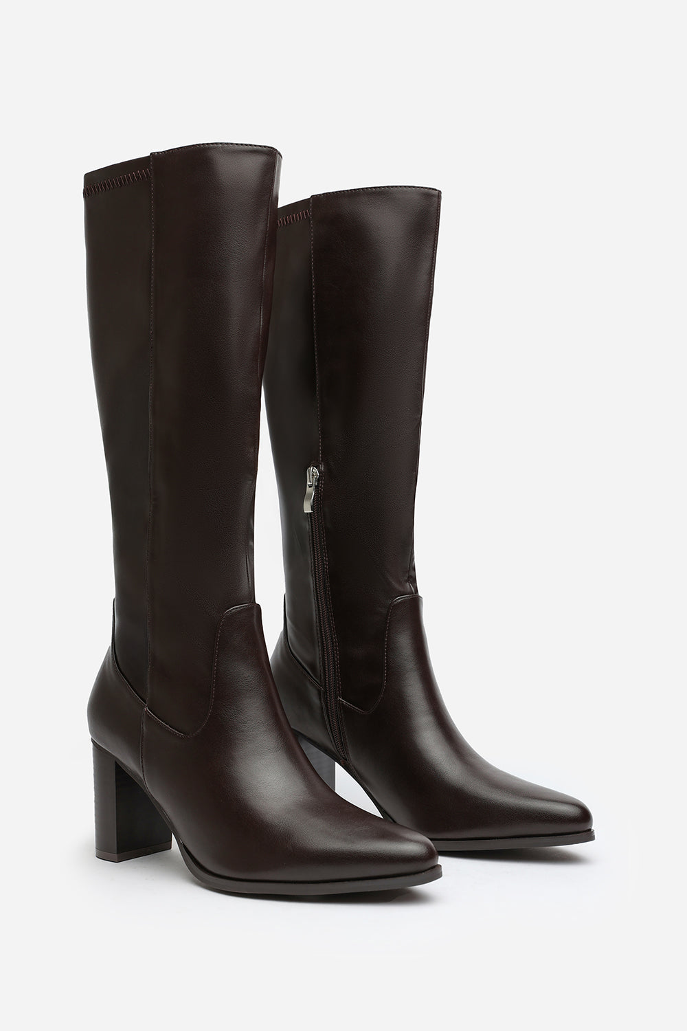 Hawthorn Stretch Wide Calf Block Heel Knee High Boots with Stitch Detail In Dark Brown Faux Leather