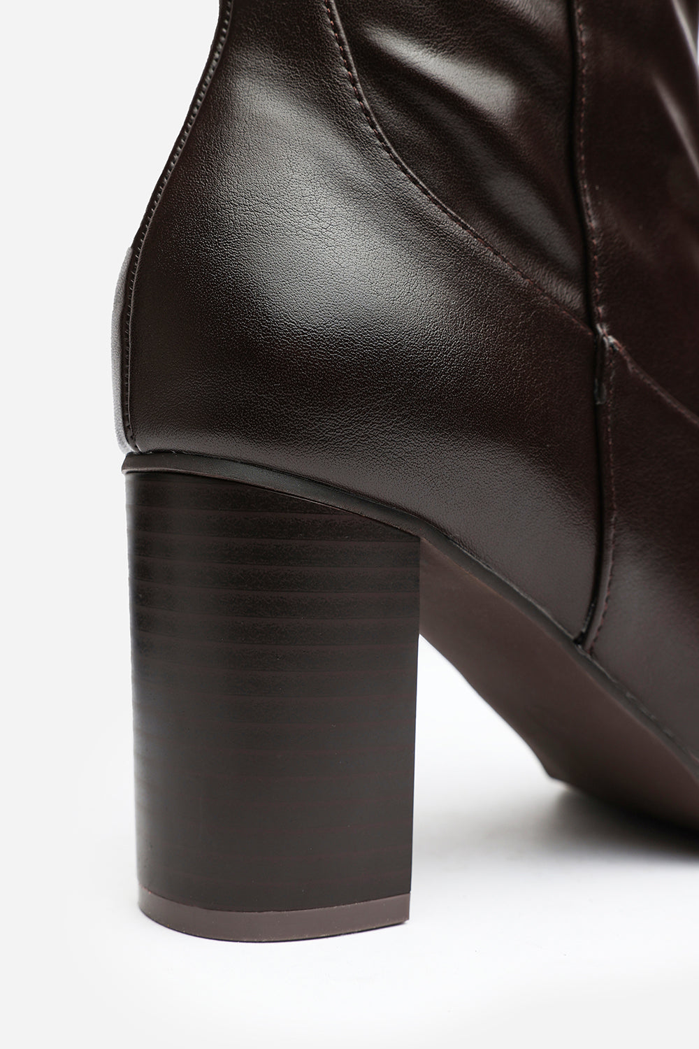 Hawthorn Block Heel Knee High Boots with Stitch Detail In Dark Brown Faux Leather