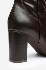 Hawthorn Stretch Wide Calf Block Heel Knee High Boots with Stitch Detail In Dark Brown Faux Leather