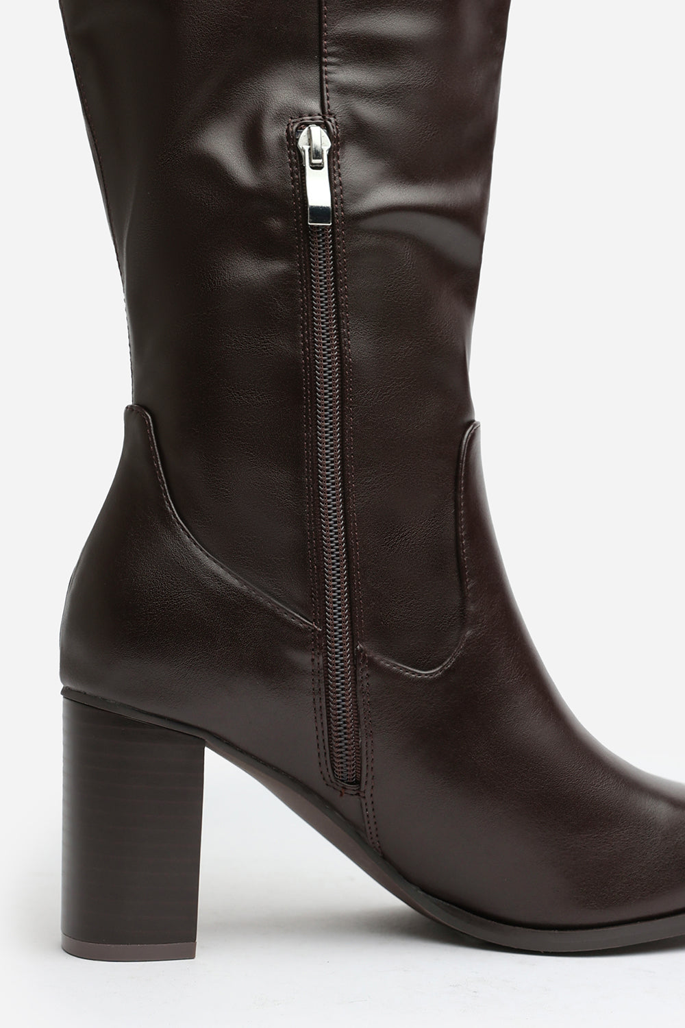 Hawthorn Stretch Wide Calf Block Heel Knee High Boots with Stitch Detail In Dark Brown Faux Leather