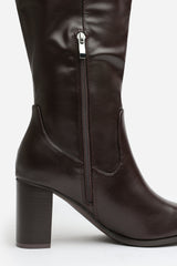 Hawthorn Block Heel Knee High Boots with Stitch Detail In Dark Brown Faux Leather