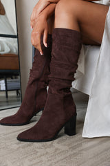 Primrose Slouch Knee High Boots with Block Heel in Dark Brown Suede