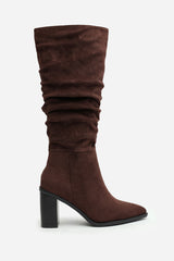 Primrose Slouch Knee High Boots with Block Heel in Dark Brown Suede