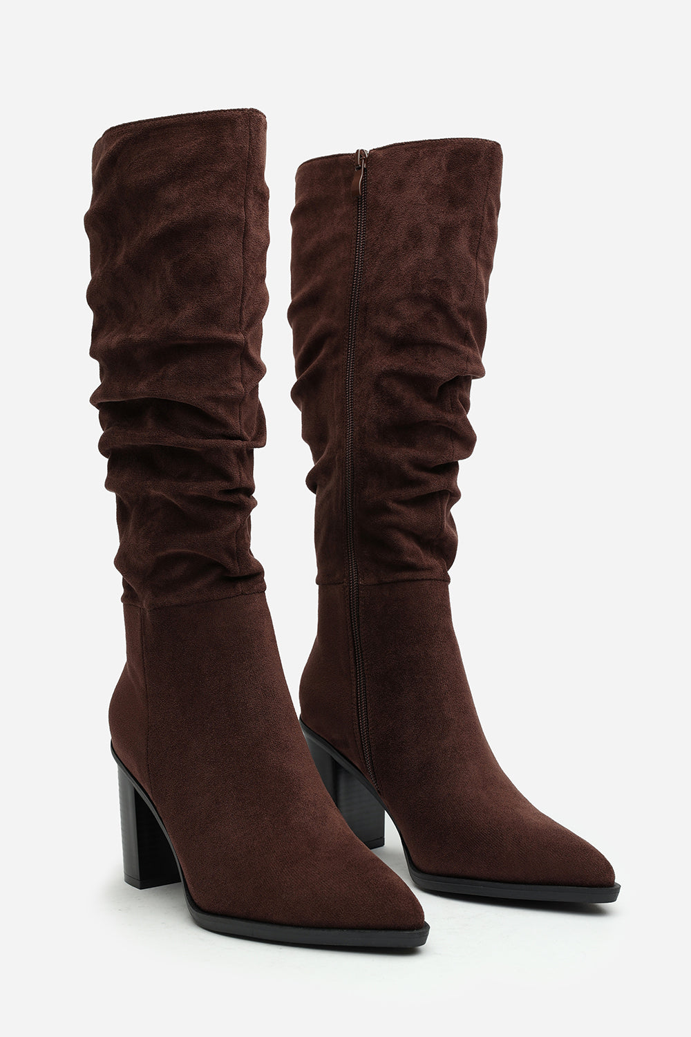 Primrose Slouch Knee High Boots with Block Heel in Dark Brown Suede