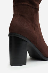 Primrose Slouch Knee High Boots with Block Heel in Dark Brown Suede