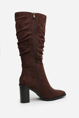 Primrose Slouch Knee High Boots with Block Heel in Dark Brown Suede