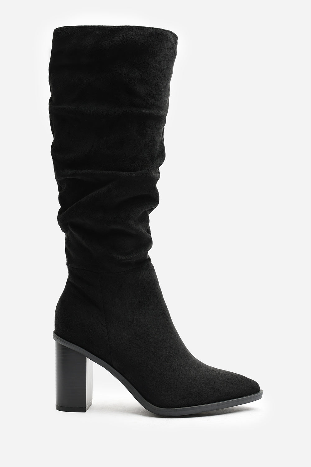 Primrose Wide Fit Slouch Knee High Boots With Block Heel In Black Suede