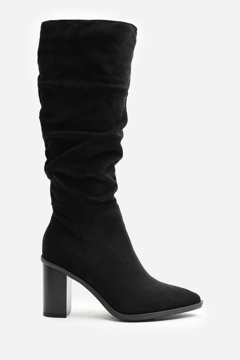 Primrose Wide Fit Slouch Knee High Boots With Block Heel In Black Suede
