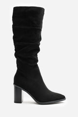 Primrose Wide Fit Slouch Knee High Boots With Block Heel In Black Suede