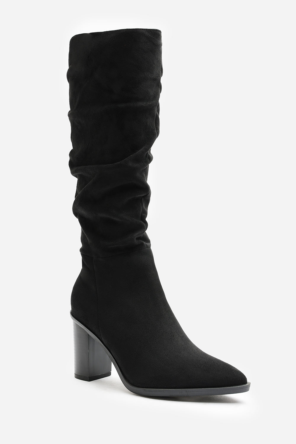 Primrose Wide Fit Slouch Knee High Boots With Block Heel In Black Suede